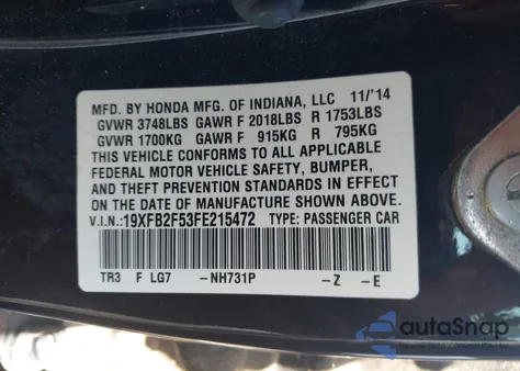 2015 Honda Civic Lx z USA, uszkodzony, nr VIN 19XFB2F53FE215472